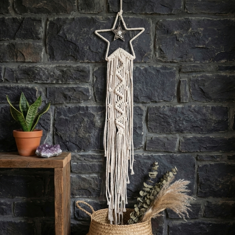 Celestial Macrame Star Wall Hanging 38” Cream Silver Charm Whimsigoth Decor